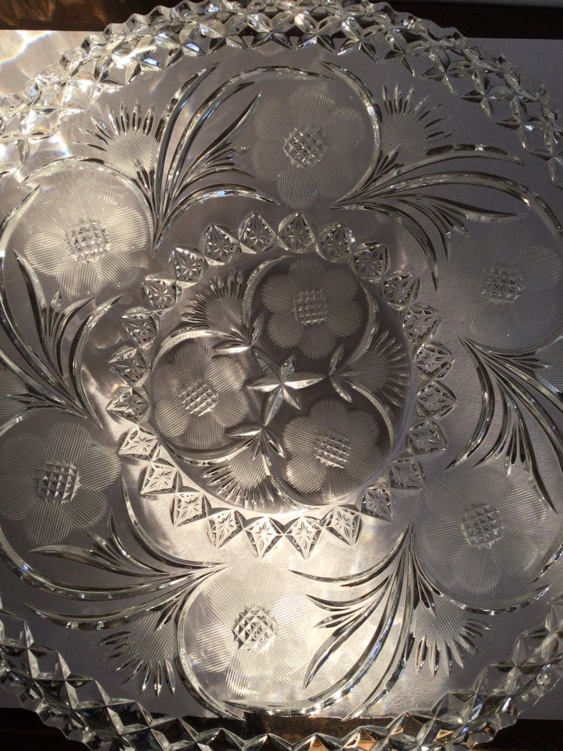 ヴィンテージ　カットガラスコンポートプレート　ガラス製盛り皿