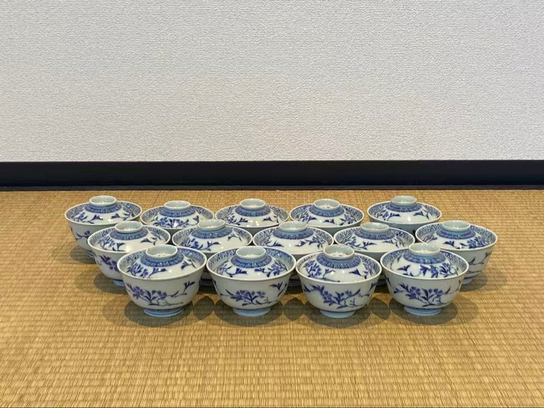 古伊万里 成化年製 染付 唐草花文 蓋付茶碗 14客 向付 懐石料理道具